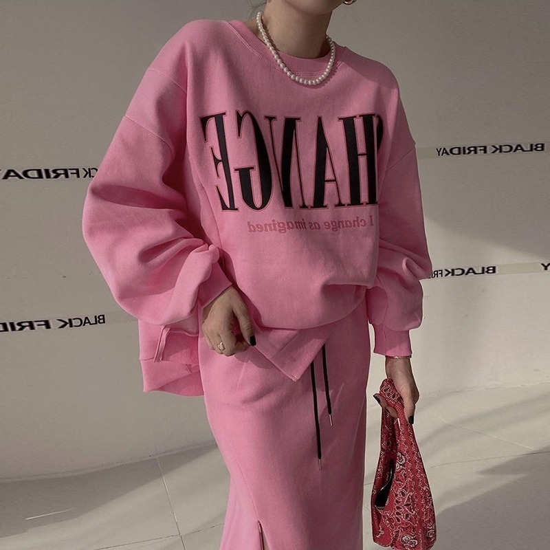 🏝️現貨🏝️ 日系韓版女神裝粉色英文圓領長袖休閒綿T休閒百搭~氣質甜美寬鬆顯瘦減齡圓領長袖上衣-細節圖2