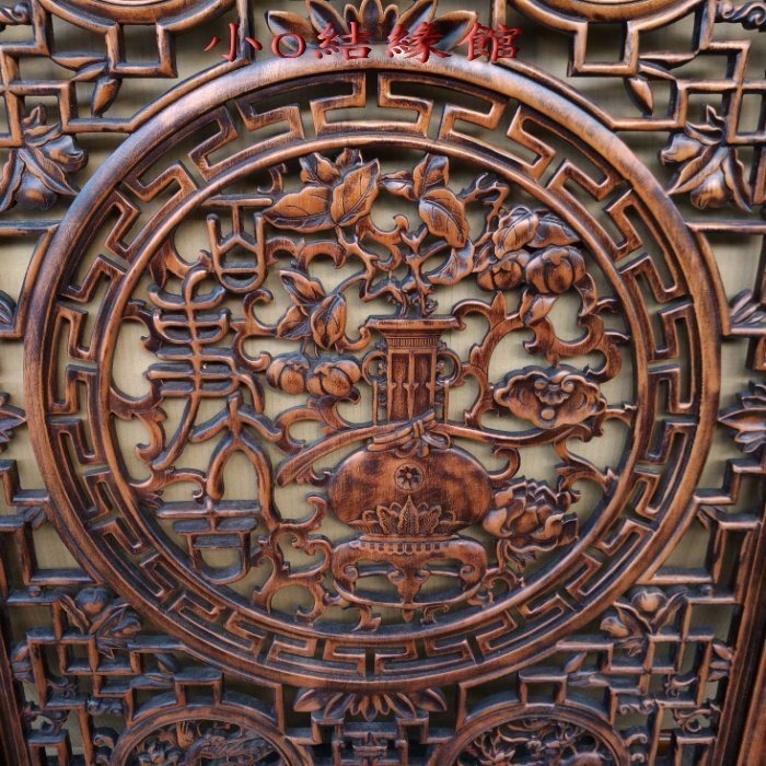 小o結緣館仿古傢俱...福祿壽喜.百事大吉窗花.門片.吊飾(香樟木)80x3.5x120(編號129)-細節圖2