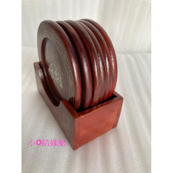 小o結緣館仿古家具......鑲貝圓形杯墊六件組 (花梨木)-細節圖2