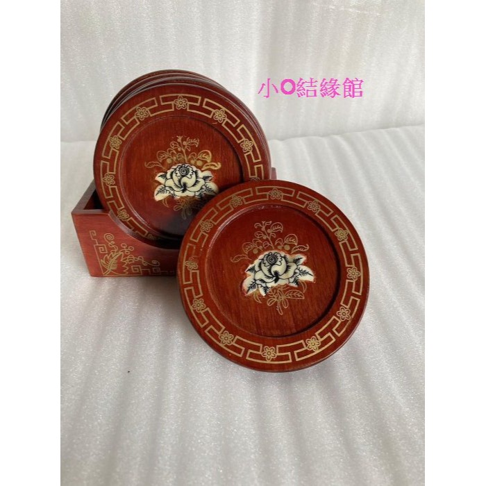 小o結緣館仿古家具......鑲貝圓形杯墊六件組 (花梨木)-細節圖3