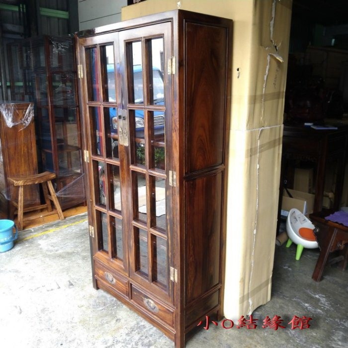 小o結緣館仿古傢俱..雙抽雙門玻璃書櫃.藝品櫃.展示櫃.古董櫃(雞翅木)88x40x176-細節圖2