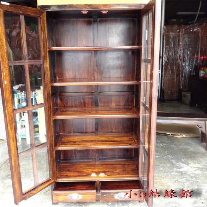 小o結緣館仿古傢俱..雙抽雙門玻璃書櫃.藝品櫃.展示櫃.古董櫃(雞翅木)88x40x176-細節圖3