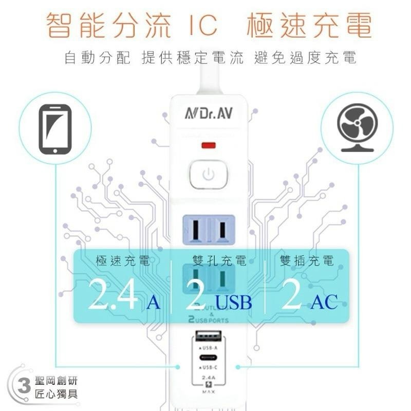 聖岡科技 按壓式開關 一鍵總控 延長線 充電器 1開2插+USB+TypeC 4尺1.2M TX-722AC-4-細節圖3