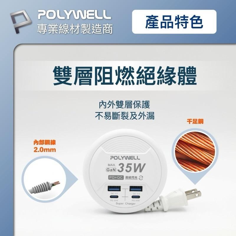 POLYWELL 35W收納式電源線快充頭 4孔 USB Type-C GaN氮化鎵 BSMI認證 充電器 寶利威爾-細節圖8