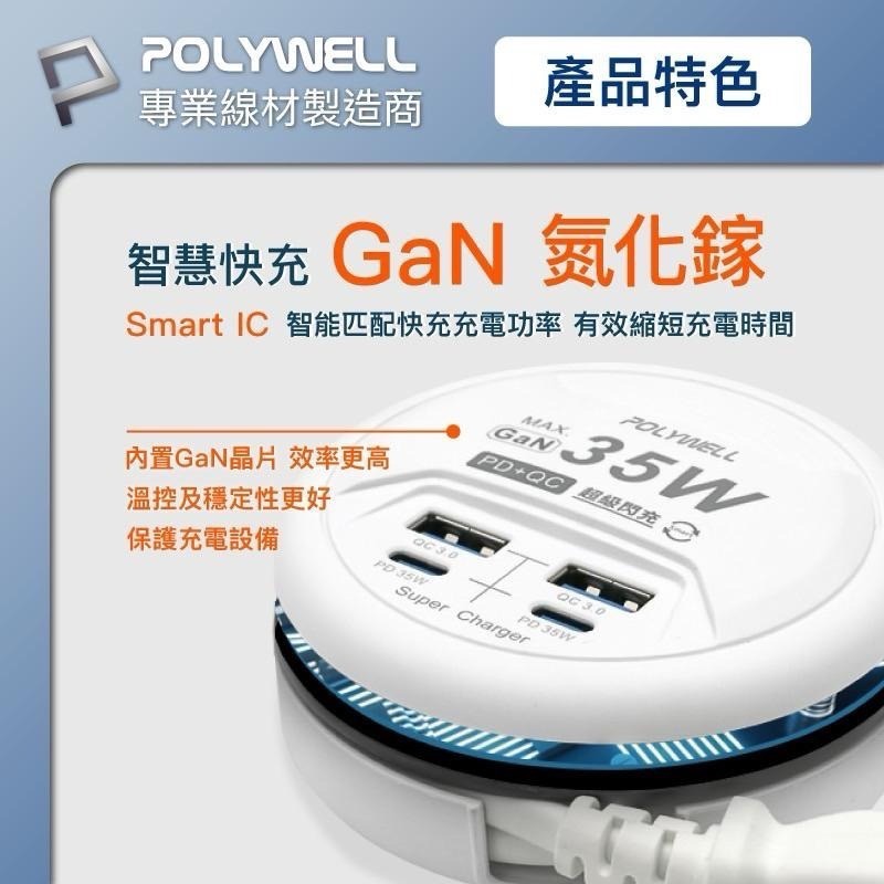 POLYWELL 35W收納式電源線快充頭 4孔 USB Type-C GaN氮化鎵 BSMI認證 充電器 寶利威爾-細節圖5
