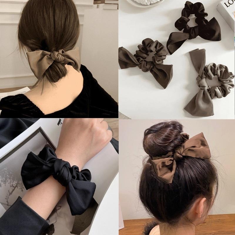 東大門熱銷款 緞面蝴蝶結 髮圈 千鳥紋 髮飾 髮帶 飄帶髮飾 大腸圈 彈力髮圈 大腸髮圈 造型髮圈-細節圖4