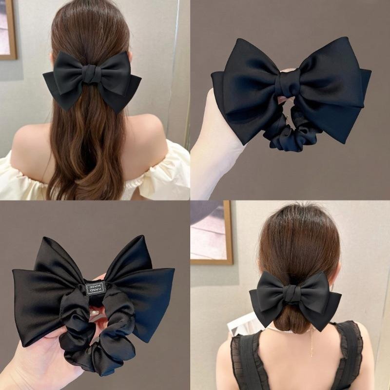 東大門熱銷款 緞面蝴蝶結 髮圈 千鳥紋 髮飾 髮帶 飄帶髮飾 大腸圈 彈力髮圈 大腸髮圈 造型髮圈-細節圖7