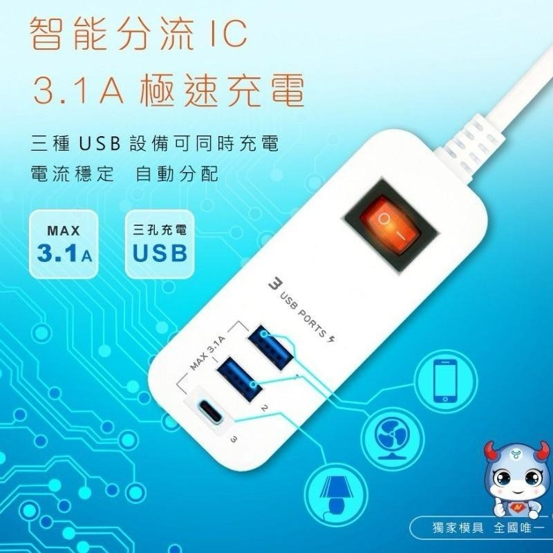 聖岡科技 智能快充延長線 USB-A+USB-C 三孔充電器 USB充電器 充電頭 4尺 120公分-細節圖4