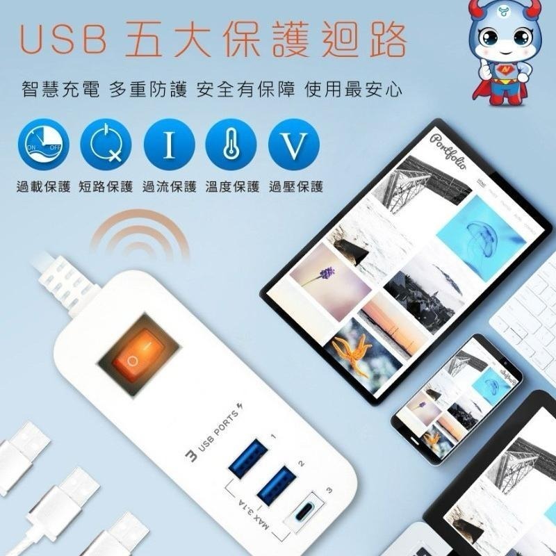 聖岡科技 智能快充延長線 USB-A+USB-C 三孔充電器 USB充電器 充電頭 4尺 120公分-細節圖6