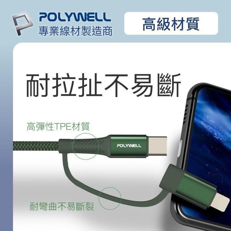 POLYWELL 四合一PD編織快充線 USB-A+C+蘋果 1米~2米 適用安卓蘋果 寶利威爾 充電線-細節圖4