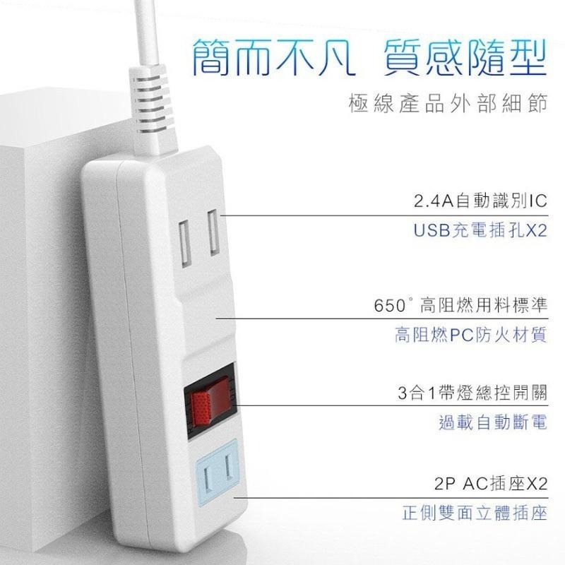 聖岡科技 延長線 1開關2USB+2插座 過載斷電延長線 充電器 充電頭 插座 插頭 USB充電器 BSMI認證-細節圖9