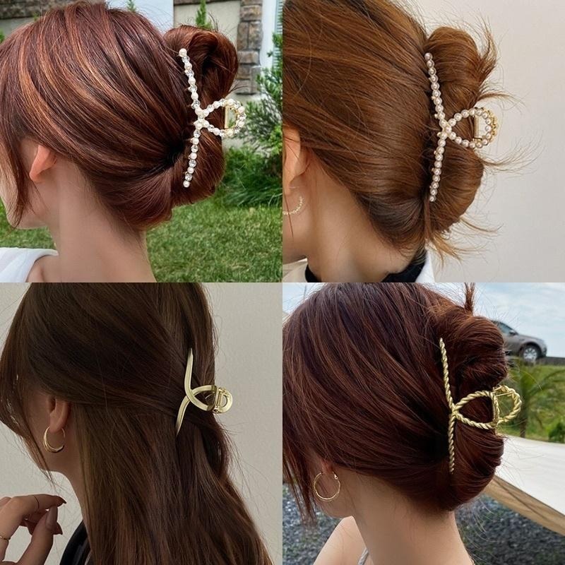 Ins爆紅款 髮夾 大髮夾 韓風氣質抓夾 金屬鯊魚夾 素面 珍珠 水鑽 盤髮 抓夾 爪夾 交叉髮夾 盤頭髮飾-細節圖7