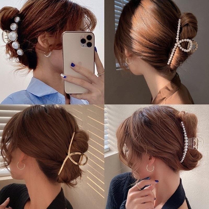 Ins爆紅款 髮夾 大髮夾 韓風氣質抓夾 金屬鯊魚夾 素面 珍珠 水鑽 盤髮 抓夾 爪夾 交叉髮夾 盤頭髮飾-細節圖3