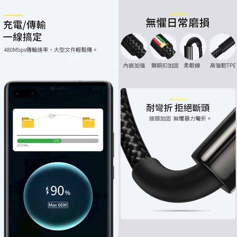 倍思鎢金 USB to TypeC 66W C to C 100W PD快充線 雙TypeC 充電線-細節圖5