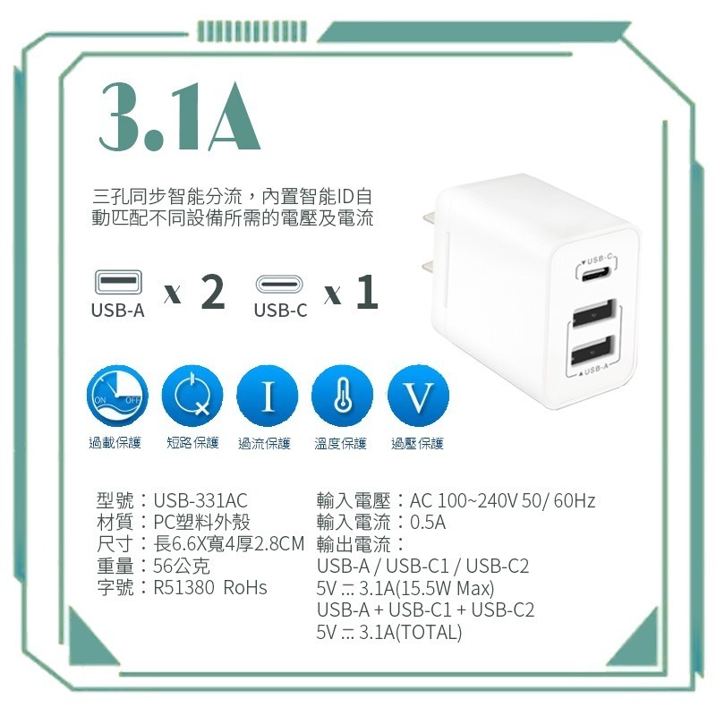 2USB+TypeC充電器 3孔3.1A