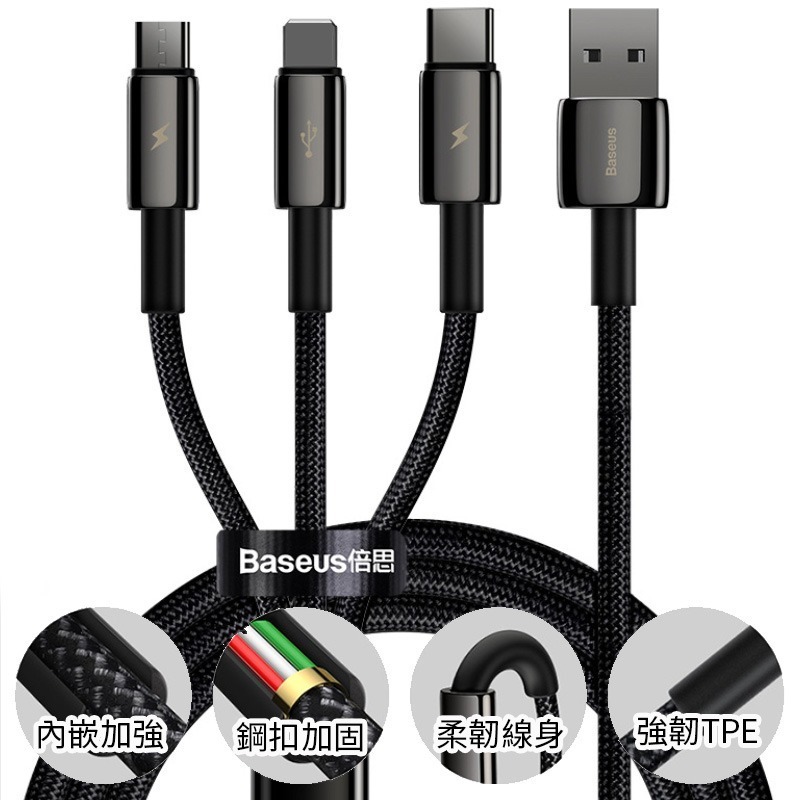 倍思 鎢金三合一充電傳輸線 TypeC MicroUSB 蘋果 一拖三 多功能 充電線1.5M 傳輸線-細節圖7