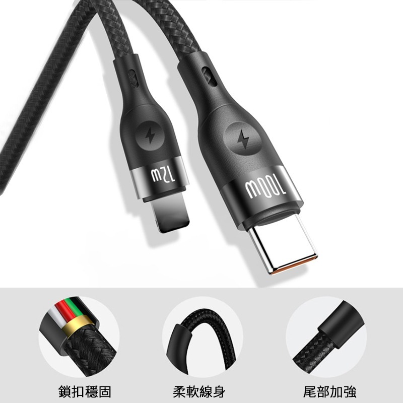 100W 二拖二 PD快充線 PD充電線 二合二 USB-A+Type-C+蘋果 多合一編織充電線-細節圖5