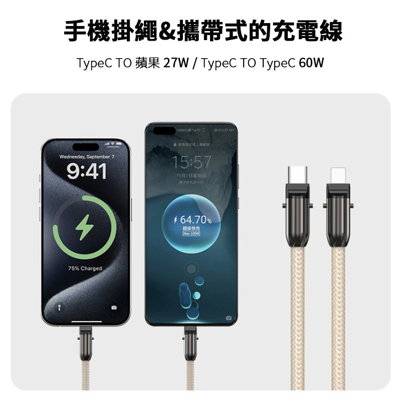 手機掛繩充電線 二合一 TypeC to TypeC / 蘋果 PD充電線 PD快充線 手機背帶掛繩 斜背掛繩-細節圖2