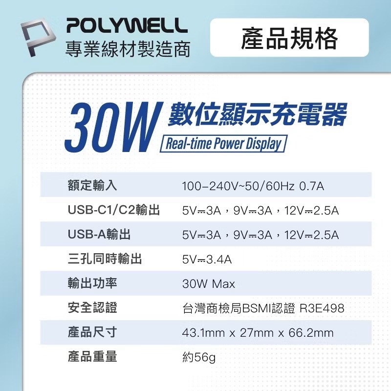 POLYWELL 30W三孔PD快充頭 數位顯示充電器 快充頭 雙USB-C+USB-A 數顯充電器 BSMI認證-細節圖10
