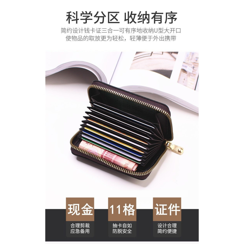 【時尚荔枝紋風琴卡包】多卡位大容量｜質感拉鍊零錢包｜風琴層收納｜男女都適用！-細節圖2