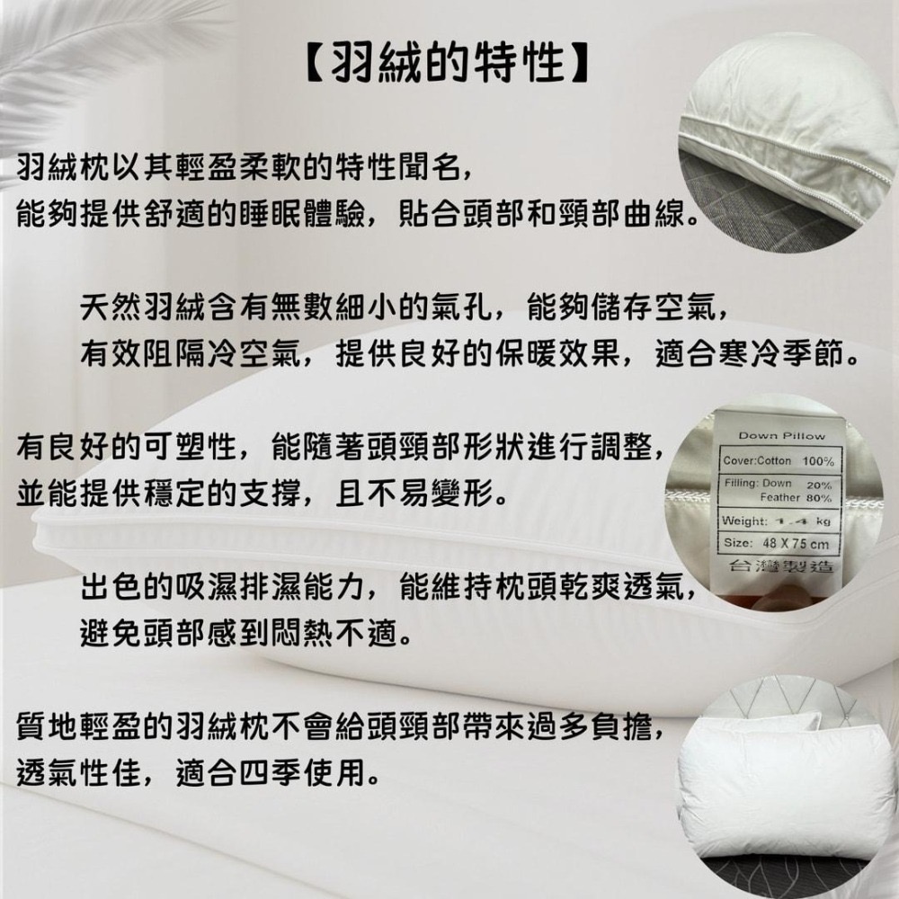 【爽眠工房】80 / 20 完美比例 頂配級白羽絨 立體包邊羽絨枕 100%純棉表布 附贈 臺灣製造 60s天絲枕頭套-細節圖2