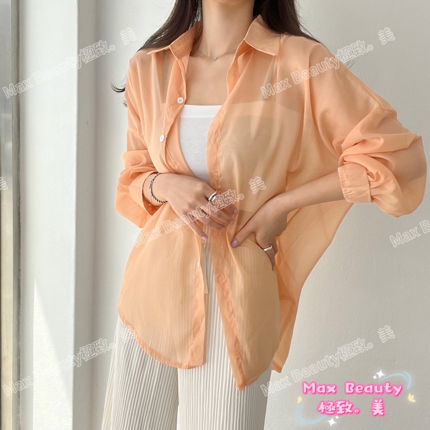MaxBeauty極致。美 珠光雪紡衫 襯衫 薄 珠光 物理性防曬 修飾 性感 夏日必備 輕便 涼爽  機車 罩衫C75-細節圖7