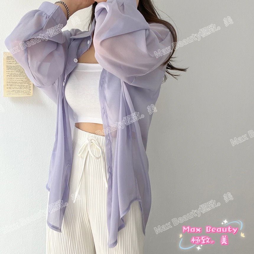 MaxBeauty極致。美 珠光雪紡衫 襯衫 薄 珠光 物理性防曬 修飾 性感 夏日必備 輕便 涼爽  機車 罩衫C75-細節圖9