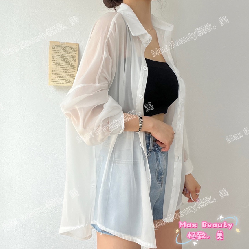 MaxBeauty極致。美 珠光雪紡衫 襯衫 薄 珠光 物理性防曬 修飾 性感 夏日必備 輕便 涼爽  機車 罩衫C75-細節圖10
