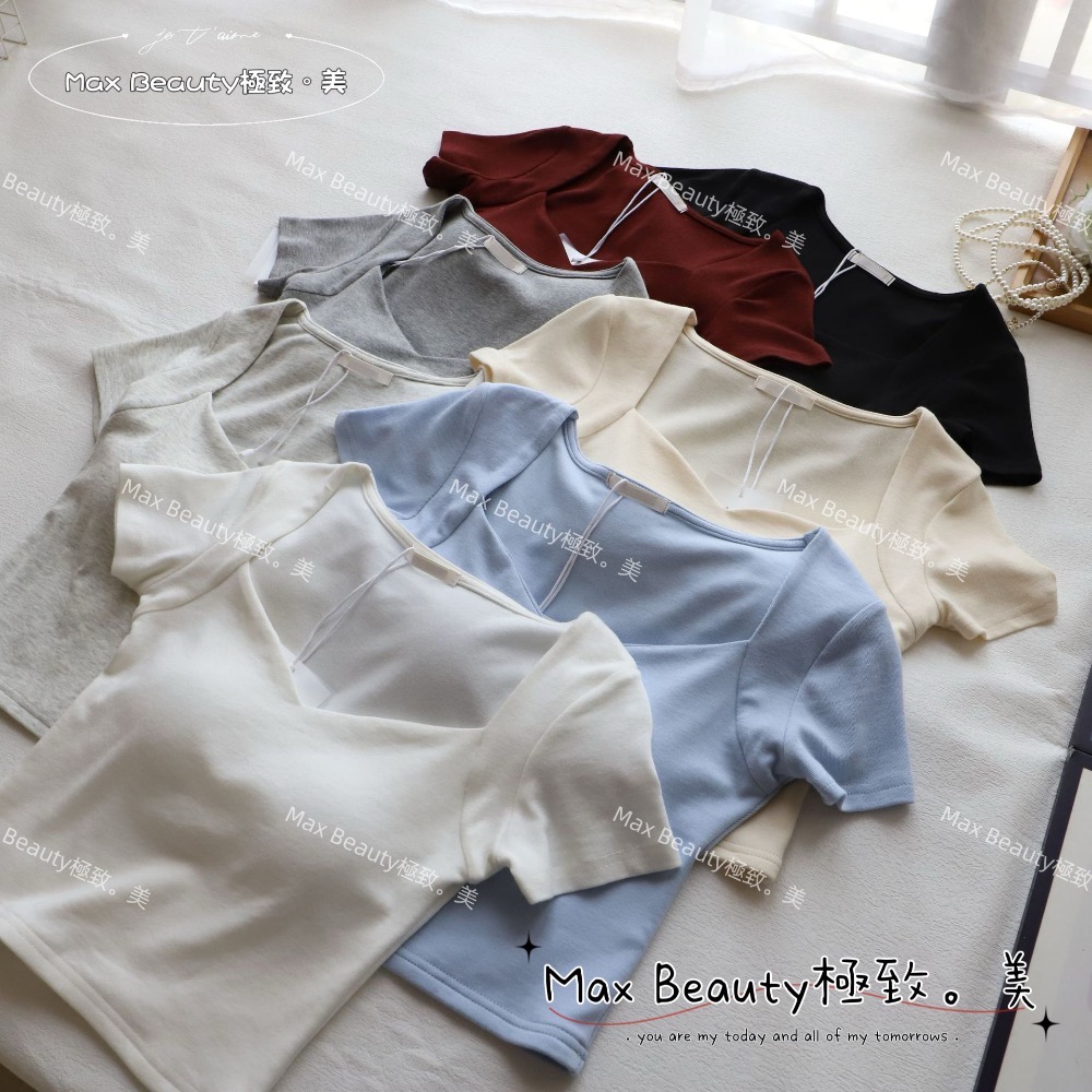MaxBeauty 極致。美 自帶杯墊方領短袖上衣 高彈力 高質感 棉 百搭 挺版 性感鎖骨 BRATOP免穿內衣Z49-細節圖4
