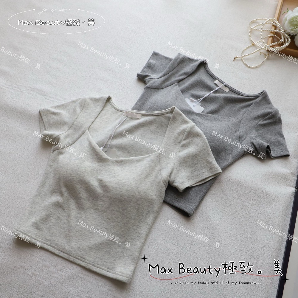 MaxBeauty 極致。美 自帶杯墊方領短袖上衣 高彈力 高質感 棉 百搭 挺版 性感鎖骨 BRATOP免穿內衣Z49-細節圖5