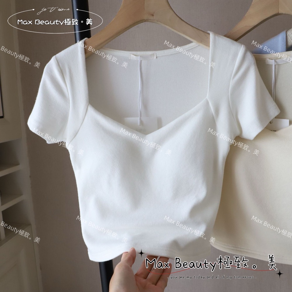 MaxBeauty 極致。美 自帶杯墊方領短袖上衣 高彈力 高質感 棉 百搭 挺版 性感鎖骨 BRATOP免穿內衣Z49-細節圖6