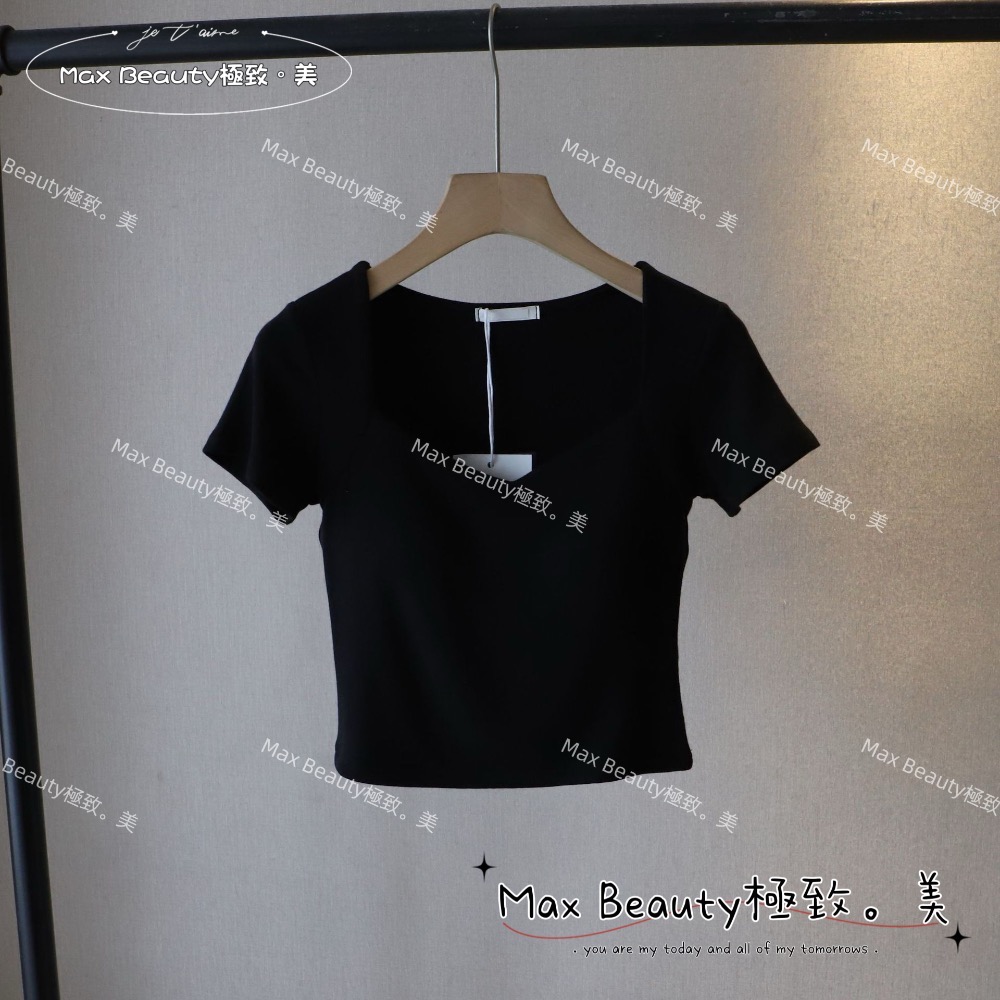 MaxBeauty 極致。美 自帶杯墊方領短袖上衣 高彈力 高質感 棉 百搭 挺版 性感鎖骨 BRATOP免穿內衣Z49-規格圖8