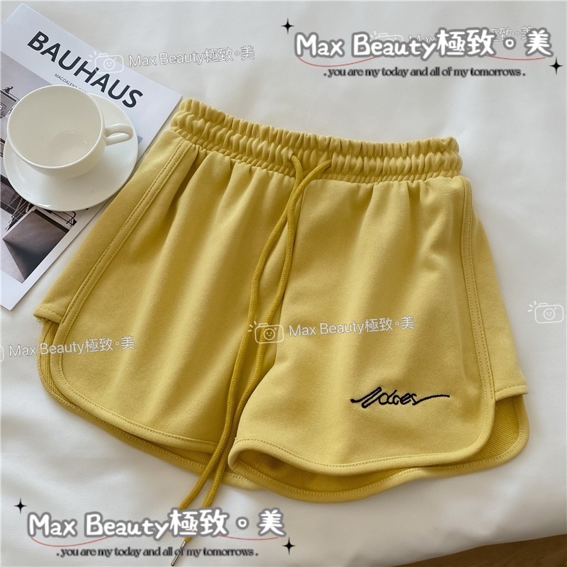 Max Beauty極致。美 字母刺繡休閒短褲 鬆緊 棉抽繩 運動 約會 踏青 夏日 性感 真理褲 顯瘦 居家 M51-細節圖11