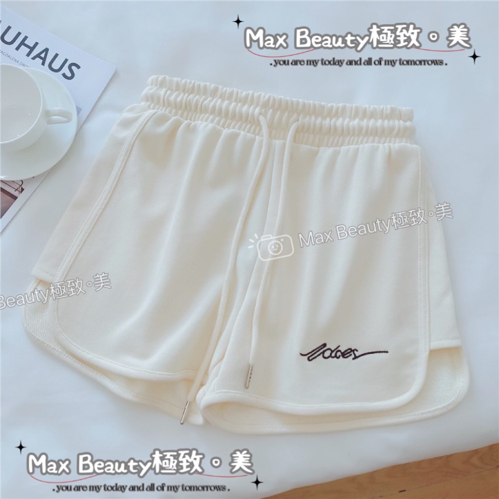 Max Beauty極致。美 字母刺繡休閒短褲 鬆緊 棉抽繩 運動 約會 踏青 夏日 性感 真理褲 顯瘦 居家 M51-規格圖11