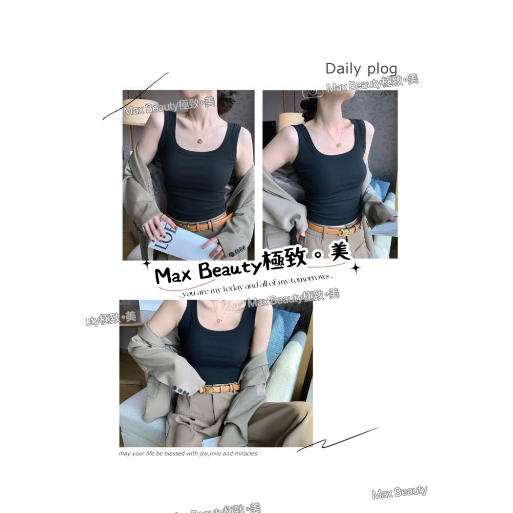 Max Beauty極致。美 螺紋方領寬肩帶背心 百搭 包副乳 居家外出 彈性 內搭 U領 寬肩 無胸墊 簡約時尚K37-規格圖11