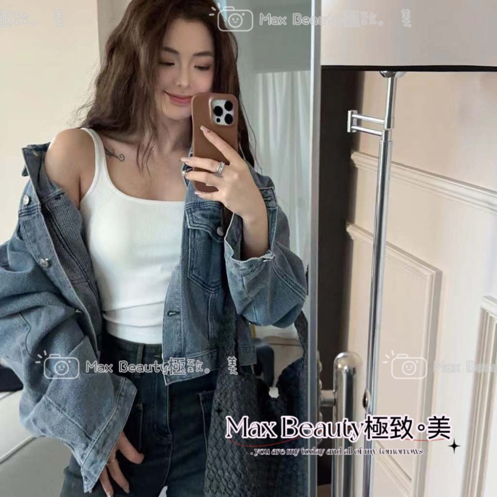 Max Beauty極致。美 螺紋小方領一體杯細肩背心 百搭 懶人必備 居家 外出 免穿內衣 無鋼圈 彈性 K49-規格圖8