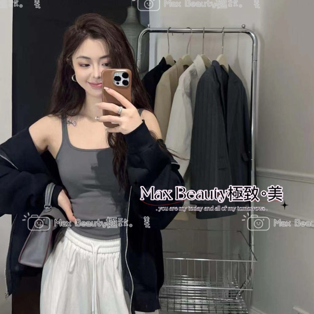 Max Beauty極致。美 螺紋小方領一體杯細肩背心 百搭 懶人必備 居家 外出 免穿內衣 無鋼圈 彈性 K49-規格圖8