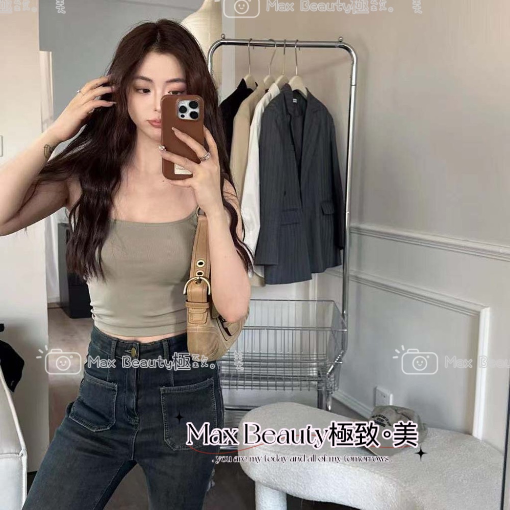 Max Beauty極致。美 螺紋小方領一體杯細肩背心 百搭 懶人必備 居家 外出 免穿內衣 無鋼圈 彈性 K49-規格圖8