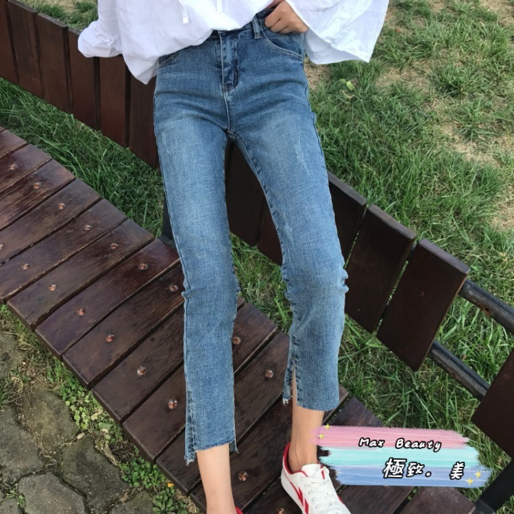 Max Beauty極致。美 韓版高腰彈性開叉9分褲 單寧褲 女生牛仔褲 修飾腿部 長褲 刷破 抓紋 大尺碼牛仔褲M29-細節圖9