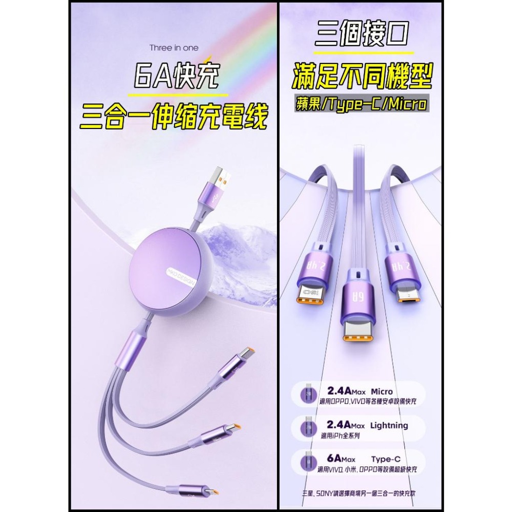 【熱銷現貨】 100W 三合一充電線 伸縮充電線 支援快充 傳輸線 快充線 iPhone 三星 OPPO VIVO 紅米-細節圖2