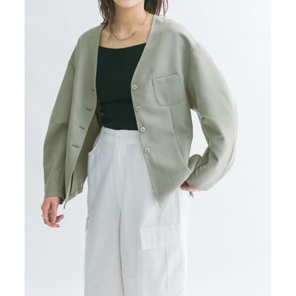 KBF 灰綠色無領剪裁西裝外套 日牌正品 二手日牌-細節圖2