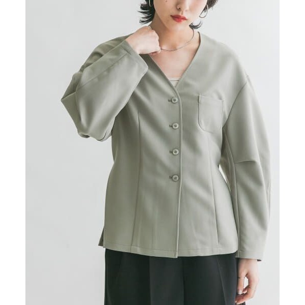 KBF 灰綠色無領剪裁西裝外套 日牌正品 二手日牌-細節圖6