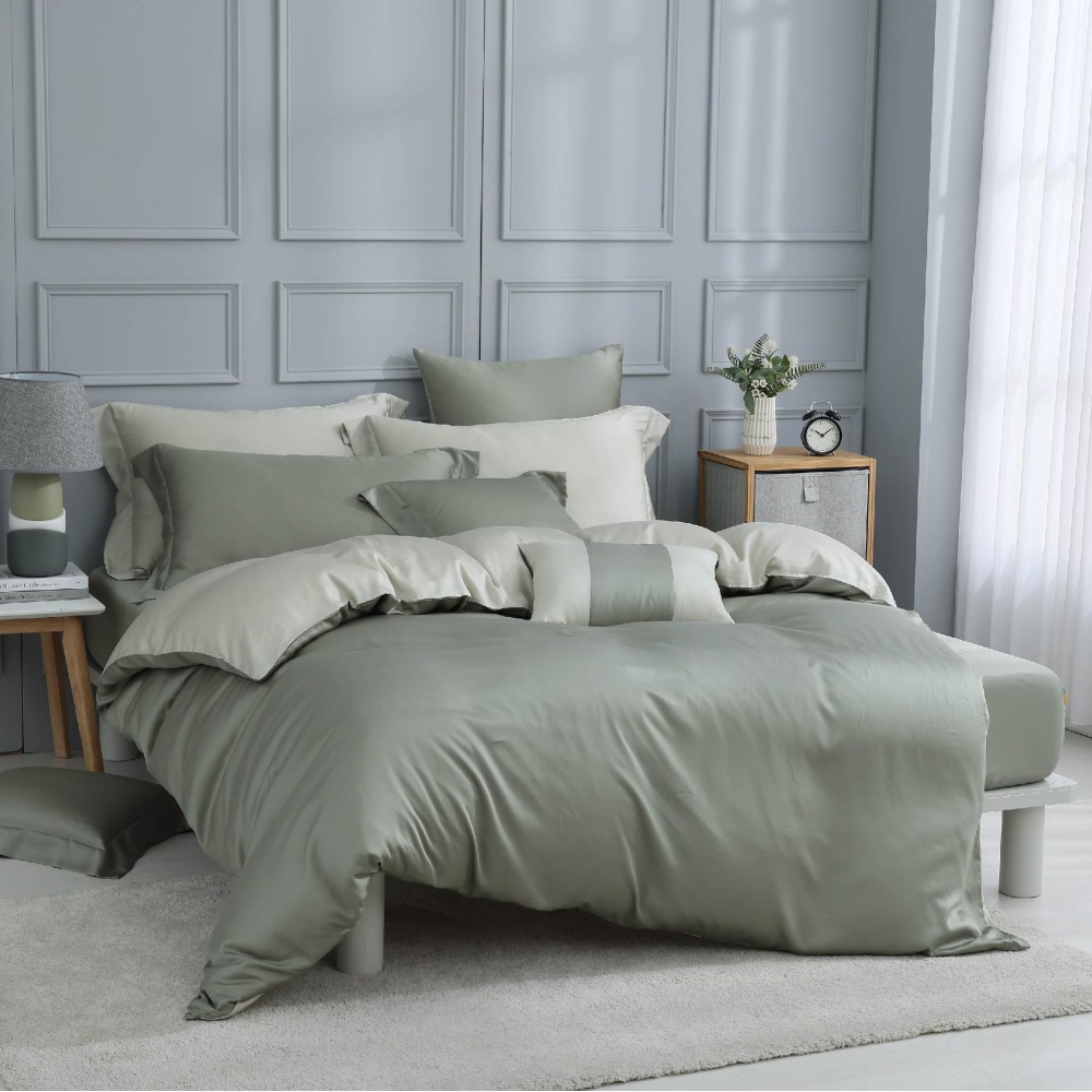 【禾肯居家】60支天絲/IKEA歐規/床包枕套兩用被四件式/素色系列/抹茶森林-細節圖2