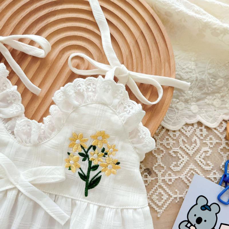 夏天嬰兒 夏裝吊帶 綁帶 刺繡 細肩帶 韓版新生兒女寶寶 女孩 包屁衣滿月百天夏季外出服-細節圖5