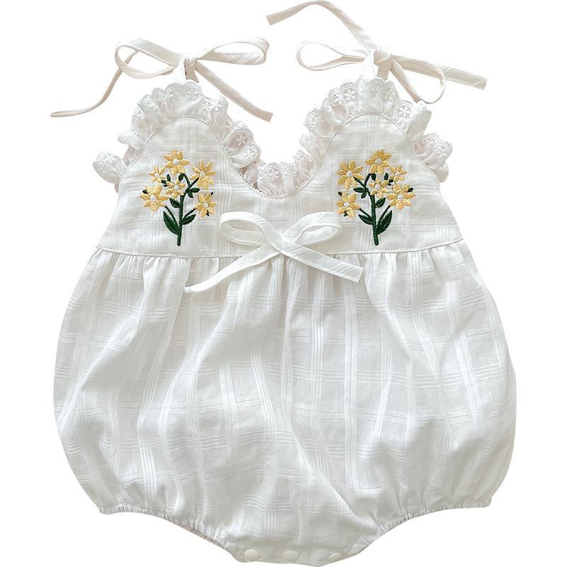 夏天嬰兒 夏裝吊帶 綁帶 刺繡 細肩帶 韓版新生兒女寶寶 女孩 包屁衣滿月百天夏季外出服-細節圖8
