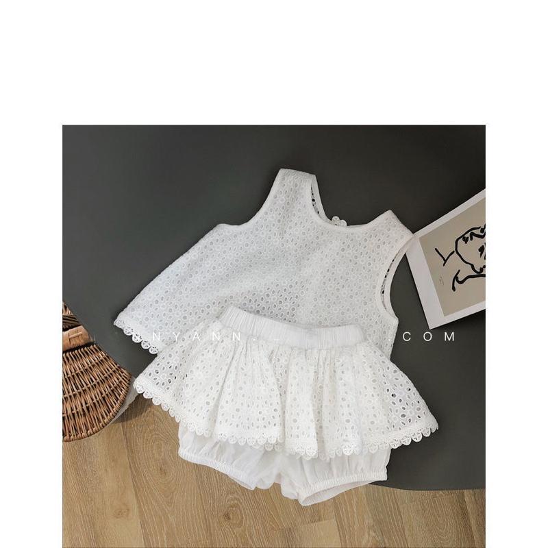 露背背心+熱褲女童裝 女寶寶 甜美鏤空棉 套裝 夏季 女童 露背背心兩件套-細節圖7