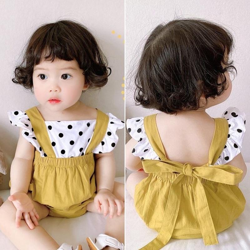 嬰兒假兩件式露背包屁衣 黃色點點寶寶衣服 新生兒吊帶褲哈衣嬰兒服飾 點點波點三角爬服ins幼儿-細節圖9