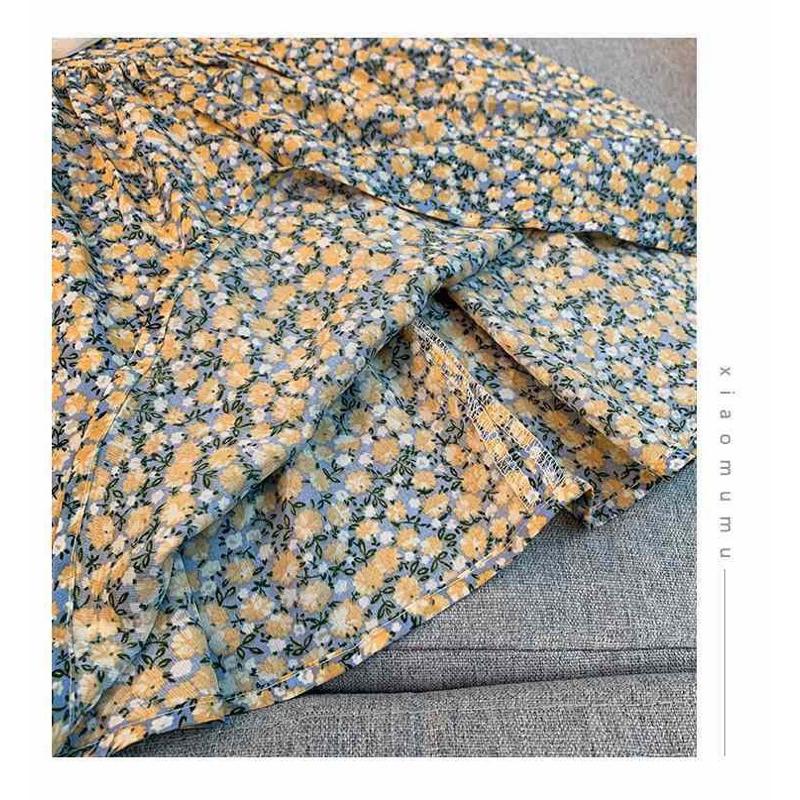 2023夏裝新款 雪紡 洋裝 翠綠小碎花 藍綠色 女童韓版翻領碎花公主裙兒童寶寶夏季短袖連衣裙-細節圖6