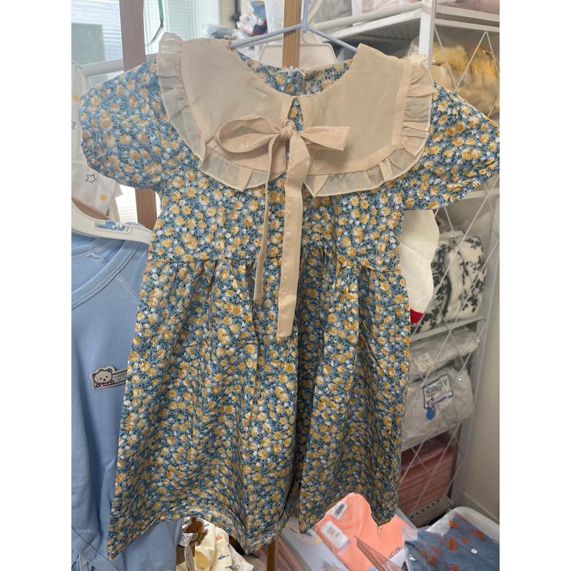 2023夏裝新款 雪紡 洋裝 翠綠小碎花 藍綠色 女童韓版翻領碎花公主裙兒童寶寶夏季短袖連衣裙-細節圖8