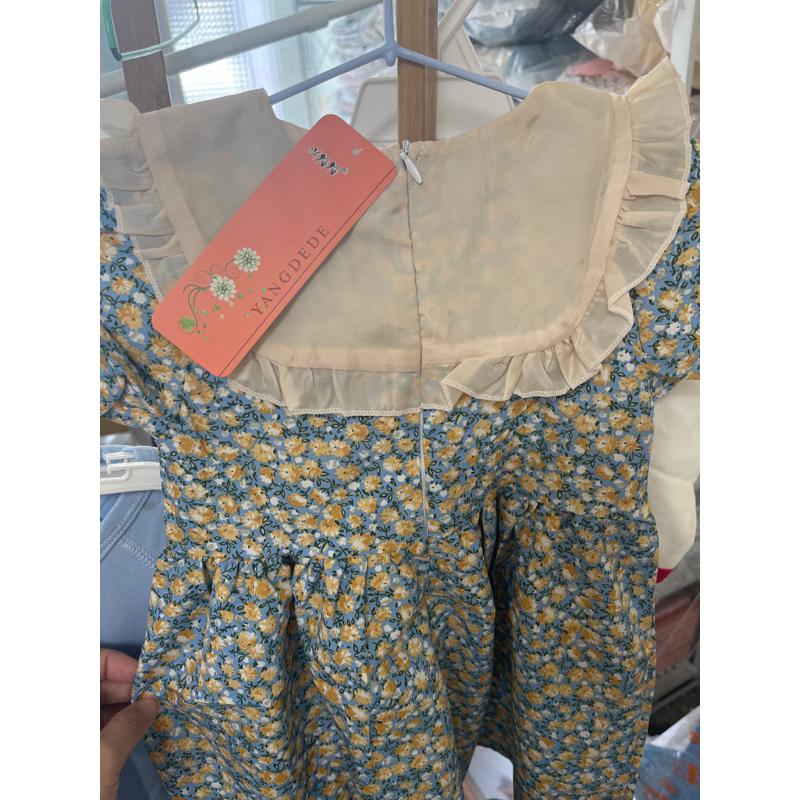 2023夏裝新款 雪紡 洋裝 翠綠小碎花 藍綠色 女童韓版翻領碎花公主裙兒童寶寶夏季短袖連衣裙-細節圖9